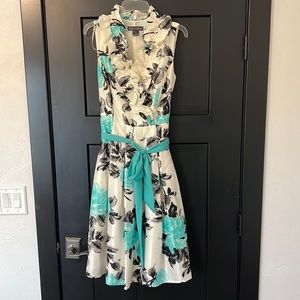 Women’s Jessica Howard Dress in Ivory, Black, & Aqua, Ruffle Neck, Tie Waist 10